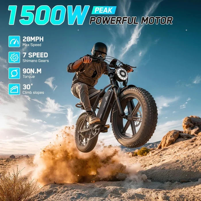 Electric Bicycle — 48V Removable Battery, Dual Suspension, 7-Speed, 20" Fat Tires, LCD Display, App Connected