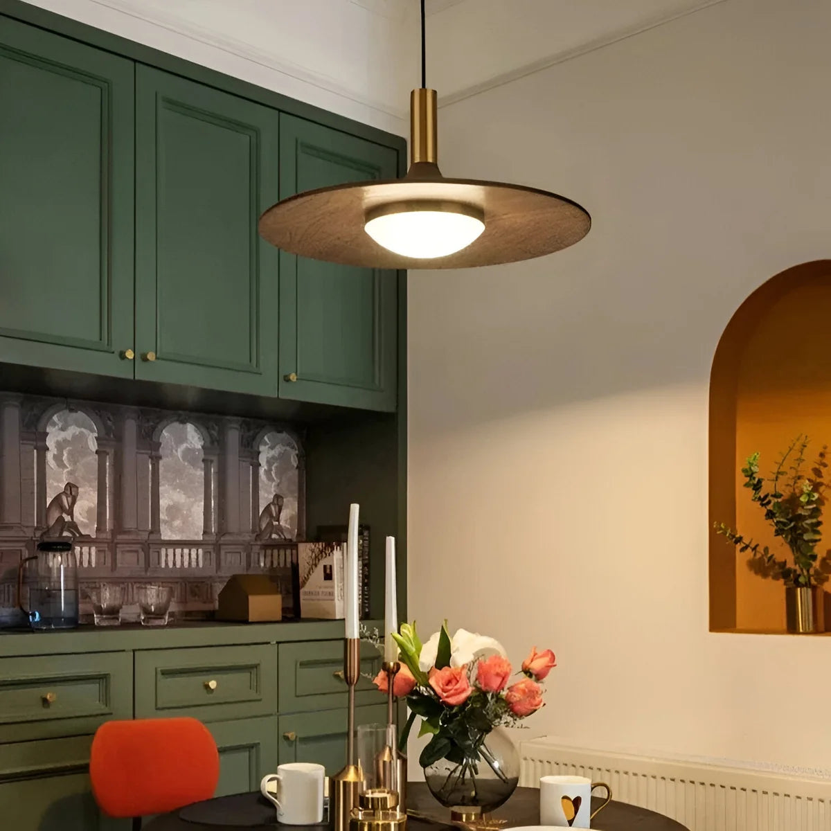 Nordic Walnut Wood Disc Pendant Light, Adjustable Cord