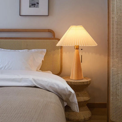 Japanese Wooden Table Lamp With Pleated Fabric Shade