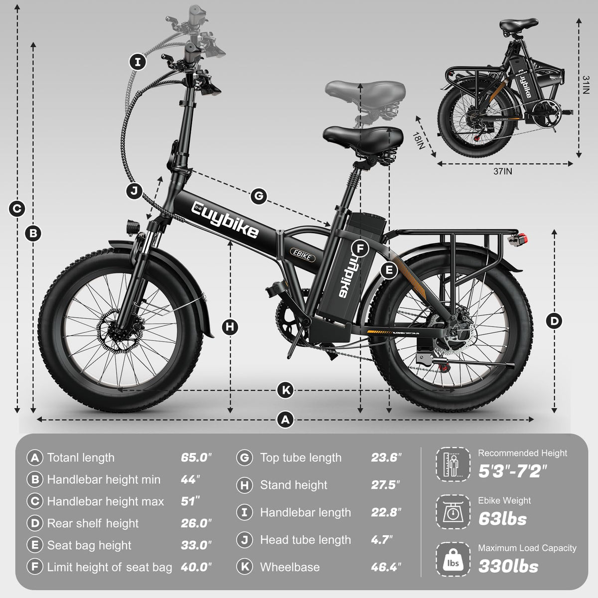 EUYBIKE F6-B Foldable Electric Bike — 1000W Peak Motor, 48V 20Ah Battery, 20" Fat Tire, Off-Road