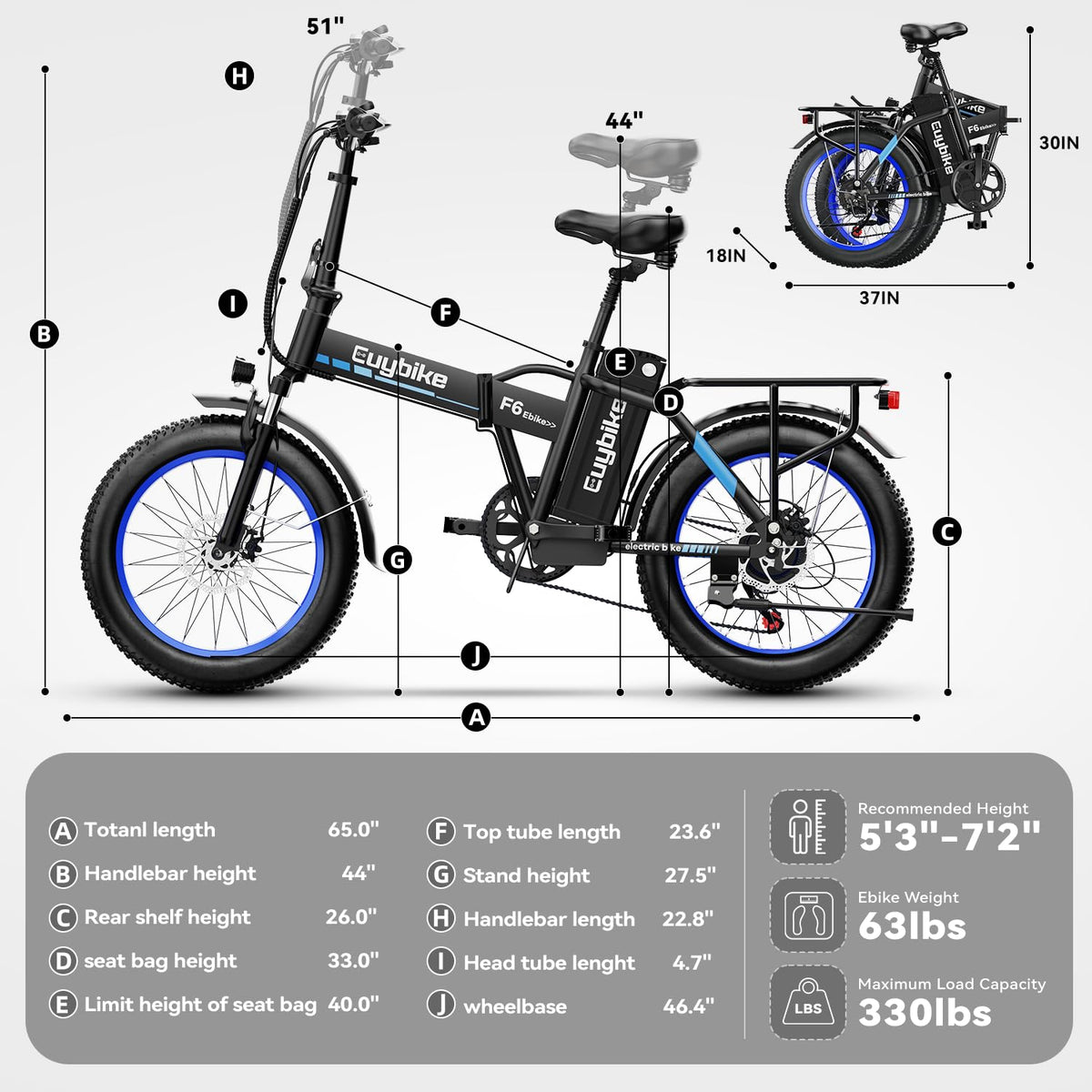 EUYBIKE F6-F Foldable Electric Bike — 1000W Peak Motor, 48V 20Ah Battery, 20" Fat Tire, Off-Road