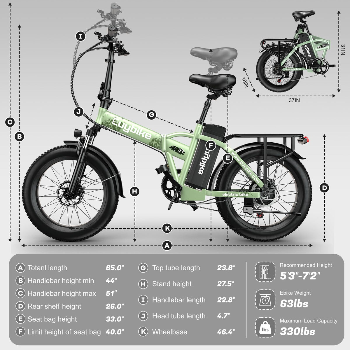 EUYBIKE F6-B Foldable Electric Bike — 1000W Peak Motor, 48V 20Ah Battery, 20" Fat Tire, Off-Road