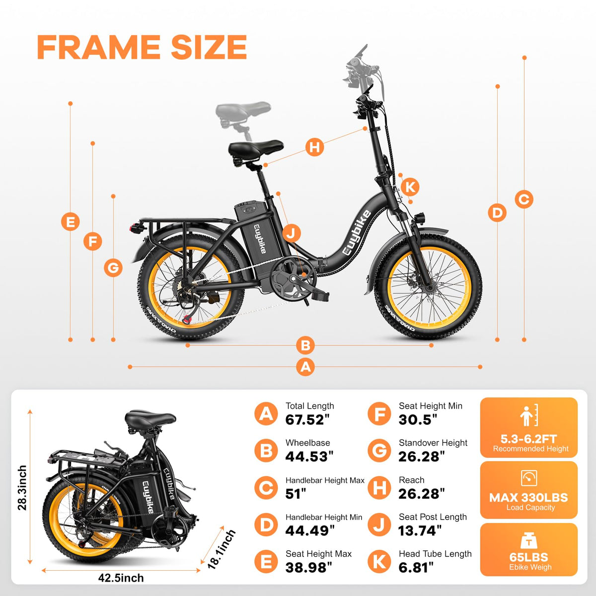 EUYBIKE Folding Cargo Electric Bike — 1000W Peak Motor, 48V 20Ah Battery, 20" Fat Tire, Off-Road