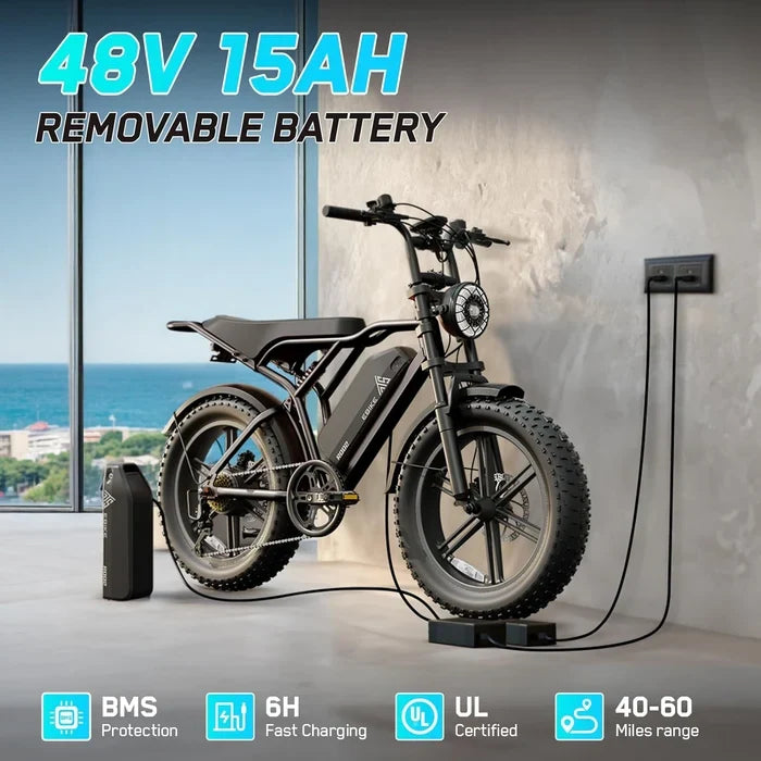 Electric Bicycle — 48V Removable Battery, Dual Suspension, 7-Speed, 20" Fat Tires, LCD Display, App Connected
