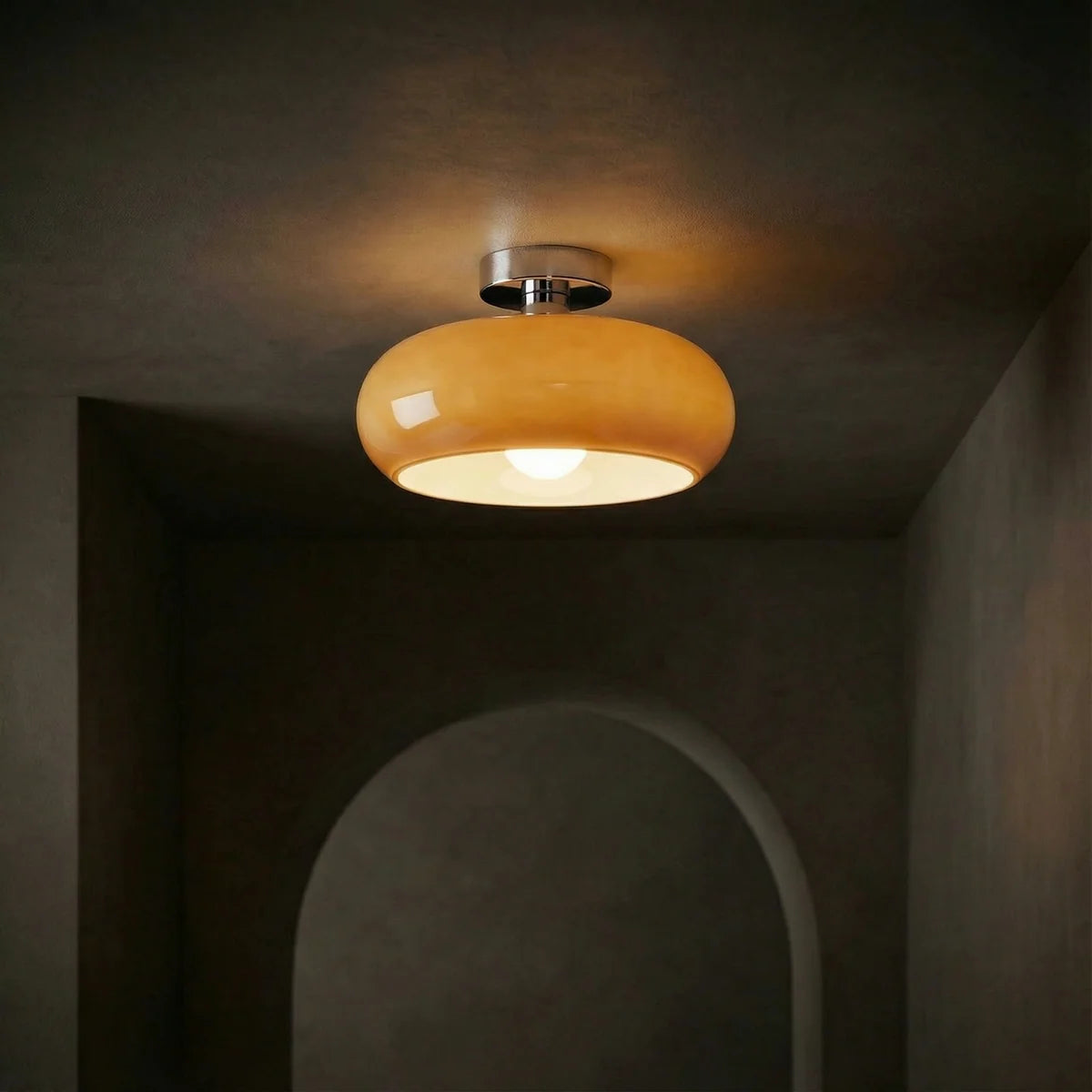 Vintage Amber Glass Ceiling Light With Brass Canopy