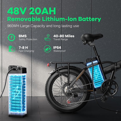 EUYBIKE F6-B Foldable Electric Bike — 1000W Peak Motor, 48V 20Ah Battery, 20" Fat Tire, Off-Road