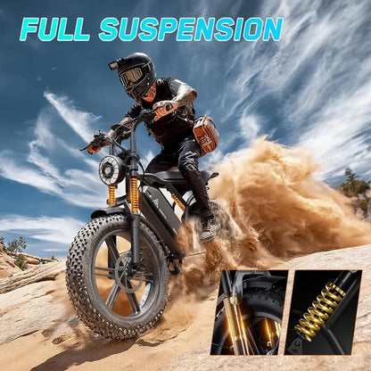 Electric Bicycle — 48V Removable Battery, Dual Suspension, 7-Speed, 20" Fat Tires, LCD Display, App Connected