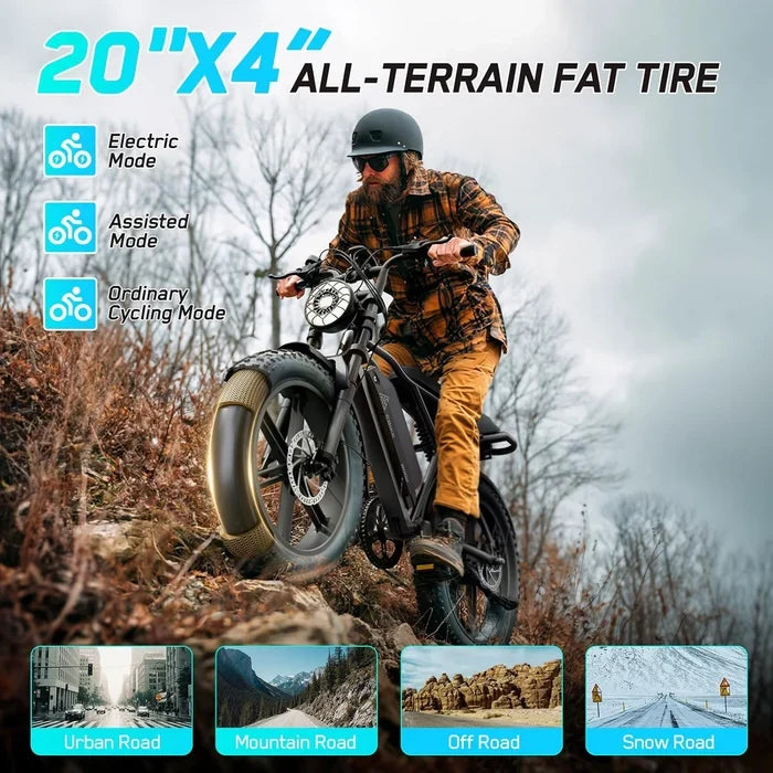 Electric Bicycle — 48V Removable Battery, Dual Suspension, 7-Speed, 20" Fat Tires, LCD Display, App Connected