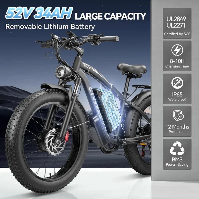 Fat Tire Electric Bike — 52V Removable Battery, 7-Speed, 24" All-Terrain Tyres