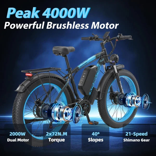 AWD Electric Bike for Adults, Peak 4000W Power 26” Fat Tire Ebike Dual Motor Electric Bicycles, 48V 22.4AH Removable Battery