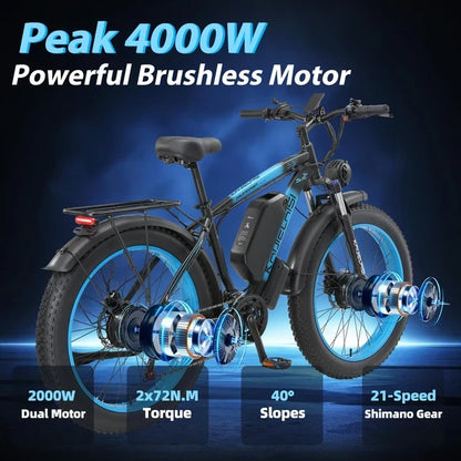 AWD Electric Bike for Adults, Peak 4000W Power 26” Fat Tire Ebike Dual Motor Electric Bicycles, 48V 22.4AH Removable Battery