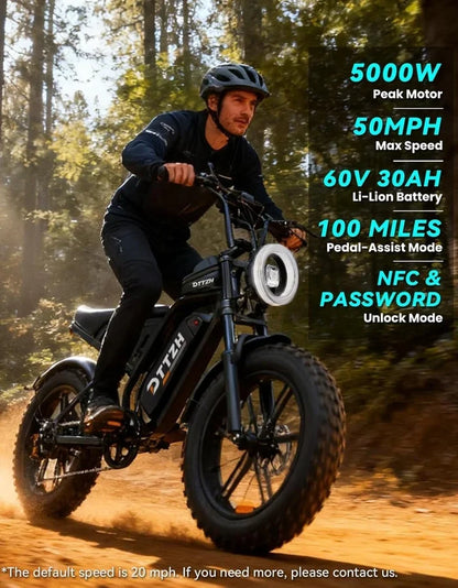 DTTZH Electric Bicycle — Removable Battery, Dual Suspension, 7-Speed, 20" Fat Tires, LCD Display